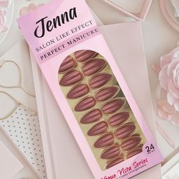 JENNA Set Of 24 French Tip Press On Acrylic Almond Shape Artificial Nails - Brown-picture-5