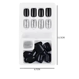 SYGA 30Pcs Long-Lasting Press-On Artificial Nails - Black & Silver F635-20 image 3