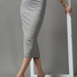 SHOWOFF Women Grey Solid Knee Length Pencil Skirt-picture-15