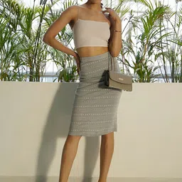Berrylush Grey & white Ethnic Printed Straight Hem Casual Midi Pencil Skirt-image-32