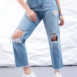Freehand by The Indian Garage Co Women Straight Fit Highly Distressed Pure Cotton Jeans-picture-37