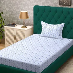 KLOTTHE Blue & White Floral Printed 300 TC Single Bedsheet With 1 Pillow Cover-image-91