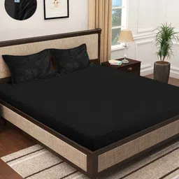 KLOTTHE Black 300 TC Woolen Fitted Double King Bedsheet With 2 Pillow Covers-image-2