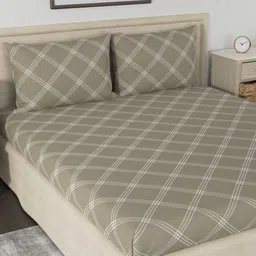 Huesland Aspire Beige & White Geometric 186 TC Cotton Queen Bedsheet With 2 Pillow Covers-image-89