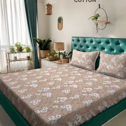 KLOTTHE Beige Floral Printed 400 TC Pure Cotton Double King Bedsheet & 2 Pillow Covers-picture-30