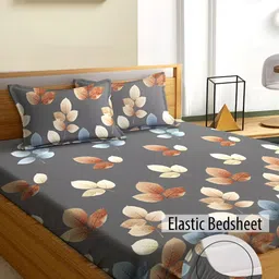 Aura Grey & Brown Floral 180 TC Fitted Queen Bedsheet With 2 Pillow Covers-picture-41