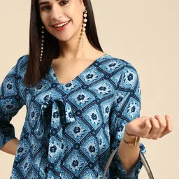Anouk Women Ethnic Motifs Printed Indigo Kurta With Tie Up Details-picture-33