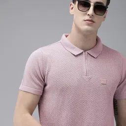 THE BEAR HOUSE Ardor Edition Men Lavender Self Design Polo Collar Slim Fit T-shirt image 1