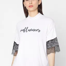 SPYKAR Women White Typography Printed High Neck Drop-Shoulder Sleeves Slim Fit T-shirt-image-31