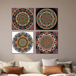 Floral Circle Canvas Set of 4 Printed Wall Painting Black Frame-image-28