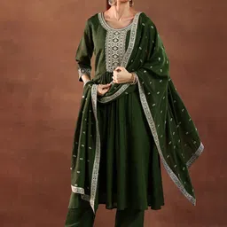 Libas Green and Silver Floral Zari Yoke Design Pleated A-Line Kurta with Trouser & Dupatta image 3