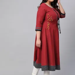 YASH GALLERY Women Plus Size Maroon Embroidered Detail A-Line Kurta image 4