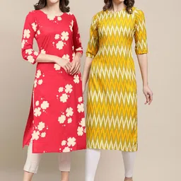 7threads KALINI Women Pack Of 2 Yellow & Coral Printed Crepe Straight Kurta image 1