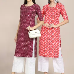 7threads KALINI Women Pack Of 2 Maroon & Pink Ethnic Motifs Printed Crepe Kurta image 1