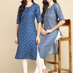 7threads KALINI Women Pack of 2 Blue Block Print Handloom Crepe Kurta image 1