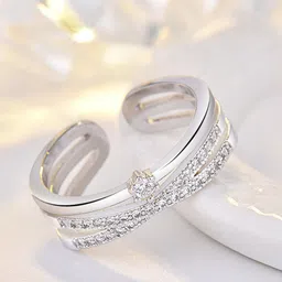 Shining Diva Fashion Platinum-Plated Silver-Toned  White CZ-Studded Adjustable Finger Ring image 2