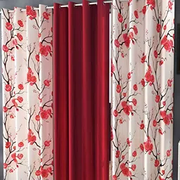 Shopgallery Red & White 3 Pieces Floral Room Darkening Long Door Curtain-image-13