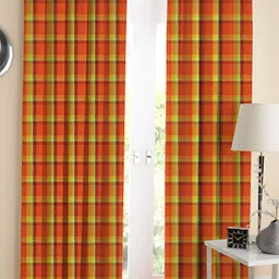 Airwill Orange Yellow 2 Pieces Tartan Checks Cotton Room Darkening Long Door Curtain-picture-24