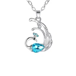 Mahi Rhodium Plated Stone Studded Peacock-Shaped Pendant image 2
