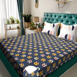 KLOTTHE Blue & Yellow Floral Fitted 300TC Double King Bedsheet With 2 Pillow Covers-image-55