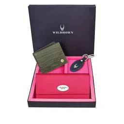 WildHorn Unisex Green & Pink Solid Premium Leather Accessory Gift Set-image-31