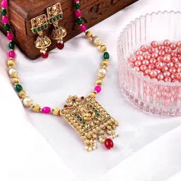 MANSIYAORANGE Gold-Plated Stone Studded & Beaded Necklace Set image 1