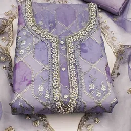 KALINI Floral Sequinned Embroidered Organza Unstitched Dress Material image 5