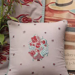 ZEBA Grey & Red Embroidered Cotton Square Cushion Covers image 1