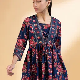 all about you Navy Blue Floral Printed Square Neck Pleated A-Line Kurti image 1