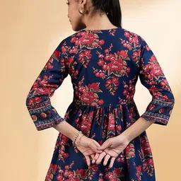 all about you Navy Blue Floral Printed Square Neck Pleated A-Line Kurti image 4