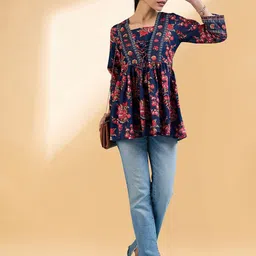 all about you Navy Blue Floral Printed Square Neck Pleated A-Line Kurti image 5