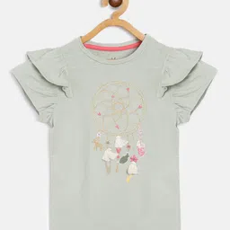 mothercare Girls Grey & Beige Dreamcatcher Embroidered Flutter Sleeve Top with Tassels-picture-58