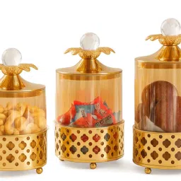 aarvi decor studio Set of 3 Glass and Matel Quick Shop CrownLuxe Jar Containers image 3