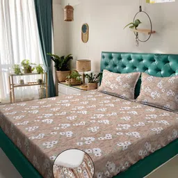 KLOTTHE Beige Printed Pure Cotton 400 TC Fitted Double King Bedsheet With 2 Pillow Covers image 5
