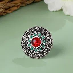 VIRAASI Silver-Plated Red Stone-Studded Oxidized Finger Ring image 1