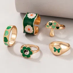 DressBerry Green Set Of 5 Gold-Plated Enamelled Finger Rings image 1