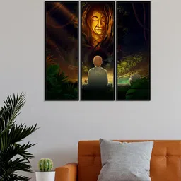 999Store Set Of 3 Green & Brown Face Of Lord Buddha Wall Art Painting-image-2