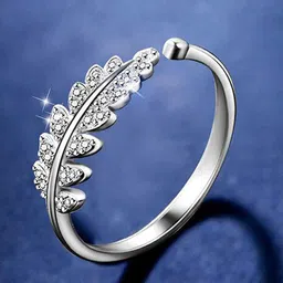 MEENAZ Silver-Plated AD-Studded Adjustable Leaf Charm Ring image 1