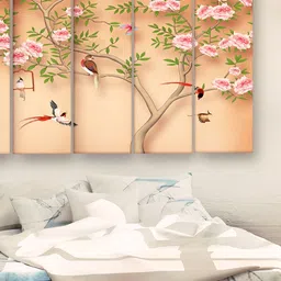 Casperme 5 Pieces Pink & Green Wooden Floral and Botanical Modern Art Big Wall Painting-image-64