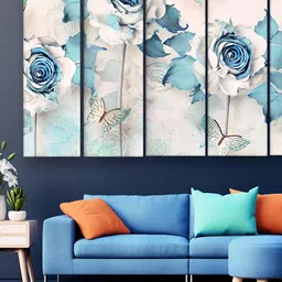 Casperme  5 Pieces Beige & Blue Wooden Floral and Botanical Modern Art Big Wall Painting-image-6