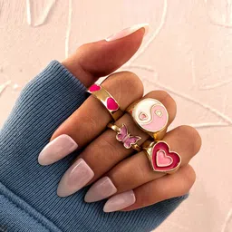 Jewels Galaxy Set Of 4 Gold-Plated Pink Enamelled Finger Ring image 1