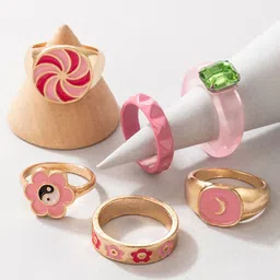 YouBella Set Of 6 Gold-Plated Pink Enameled Finger Ring-picture-10