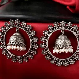 DASTOOR Silver-Toned Circular Jhumkas Earrings image 1