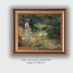 THE VINTAGE ARTISTRY Green Vintage French Country Cottage Garden Meadow Painting Wall Art-image-36