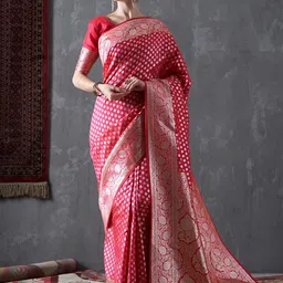 Mitera Pink & Gold-Toned Ethnic Motifs Woven Design Zari Saree image 1
