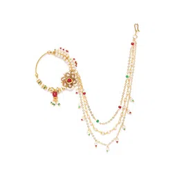 JEWELS GEHNA Red & Green Gold-Plated Stone-Studded Nose Ring with Beaded Chain image 3