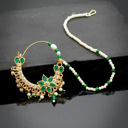 Silvermerc Designs Gold-Plated & Green Cubic Zirconia Studded Chained Nose Ring-image-26