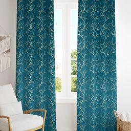 Aura Turquoise Blue & Gold Toned 2 Pcs Printed Velvet Floral Room Darkening Door Curtains-picture-2