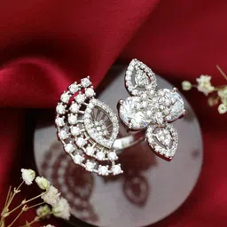 Jazz and Sizzle Silver-Plated White CZ-Studded Floral Shaped Adjustable Finger Ring-picture-33
