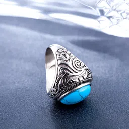 Yellow Chimes Men Silver-Plated Blue Stone Studded Oxidized Ring image 5